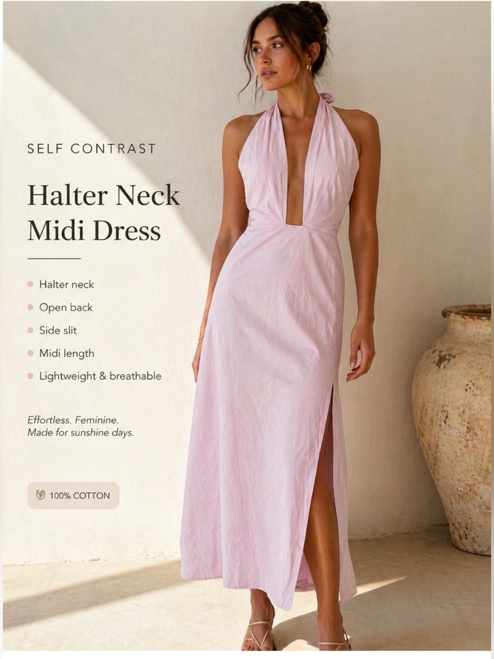 Self Contrast Blush Pink Cotton Halter Maxi Dress Open Back Side Slit Resort L